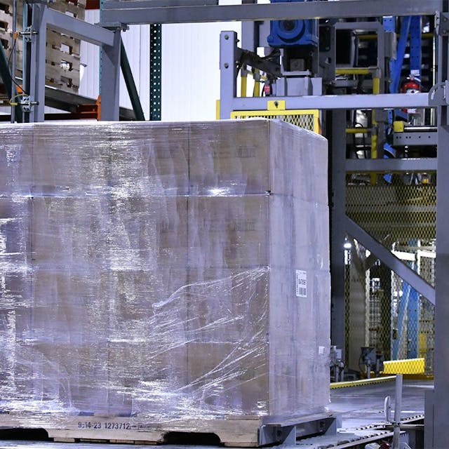 Pallet shrink wrapped with a label.