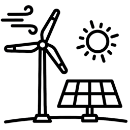 Icon - wind turbine and solar panel in the sun.