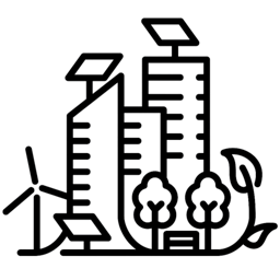 Icon - wind turbine and solar panels surrounding building.